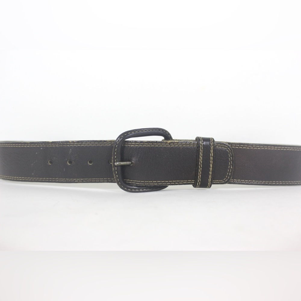 Vintage Dark Brown Leather Belt with Self Covered Buckle and Contrast Stitching